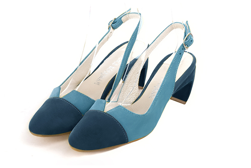 Peacock blue women's slingback shoes. Round toe. Medium comma heels. Front view - Florence KOOIJMAN